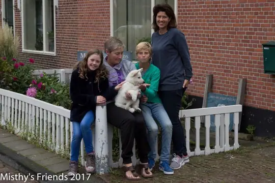 Zwitserse witte herder Misthy's friends Puma bij het vertrek naar de nieuwe baasjes