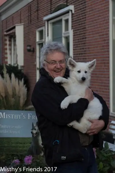 Zwitserse witte herder Misthy's Friend pup Pacific Silver met nieuwe baasje